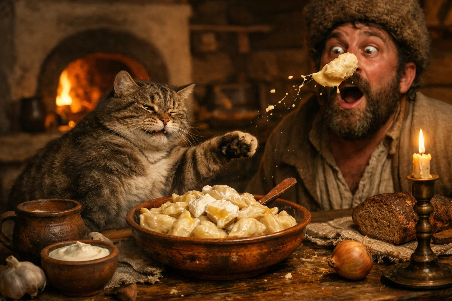 Смешная деревенская сцена кот и летающий вареник