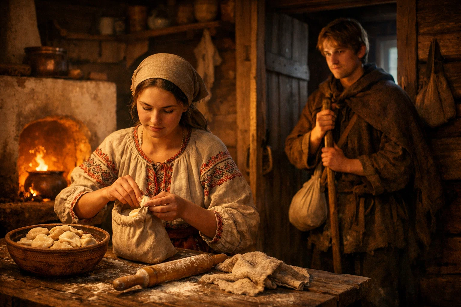 девушка кладет вареники в дорожный мешочек для жениха 