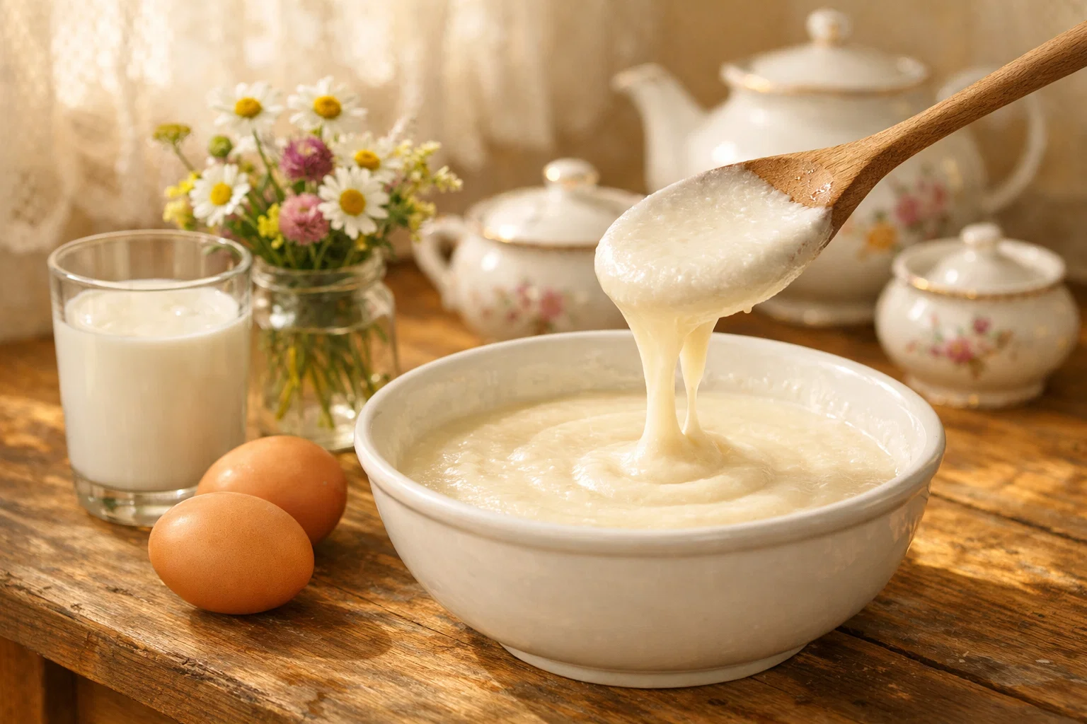 Тесто в тарелке для оладьев на кефире