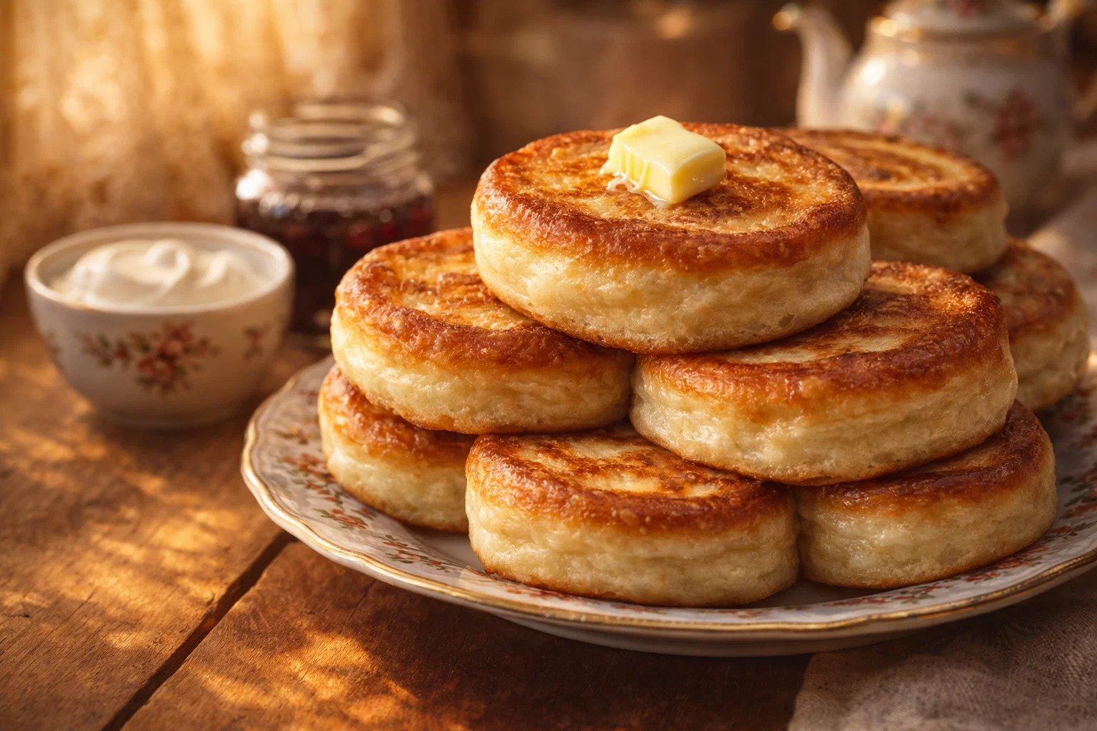 Готовые пышные оладьи на кефире на тарелке на столе