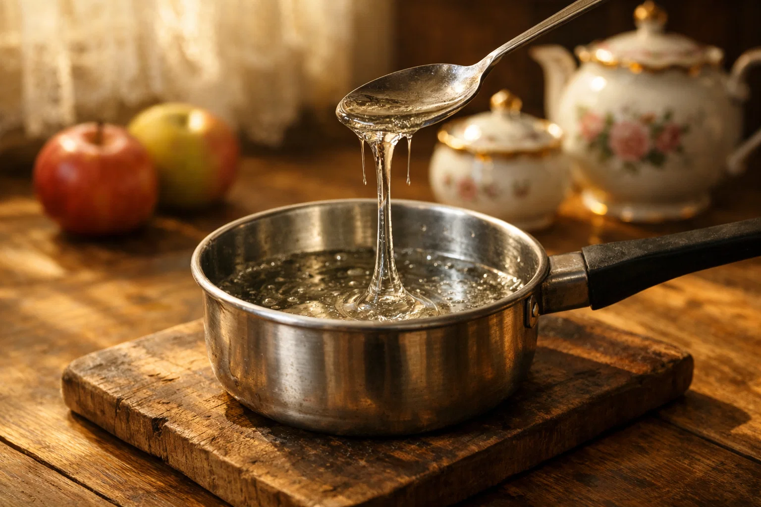 Сироп с агар-агаром тянется тонкой нитью с ложки над сотейником