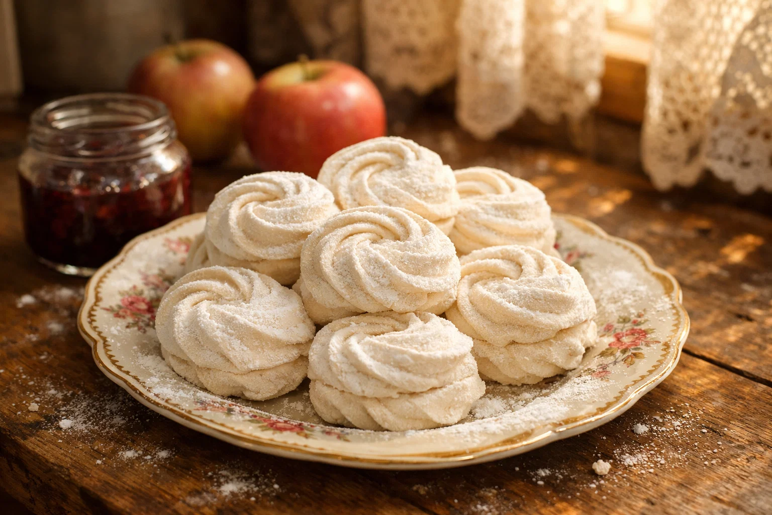 Яблочный зефир на агар-агаре на тарелке в сахарной пудре