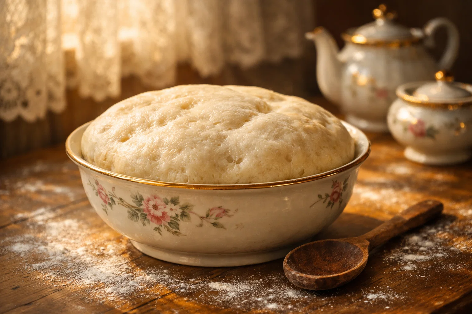 Тесто для пончиков в миске, мягкое и воздушное, в тёплом свете на деревянном столе