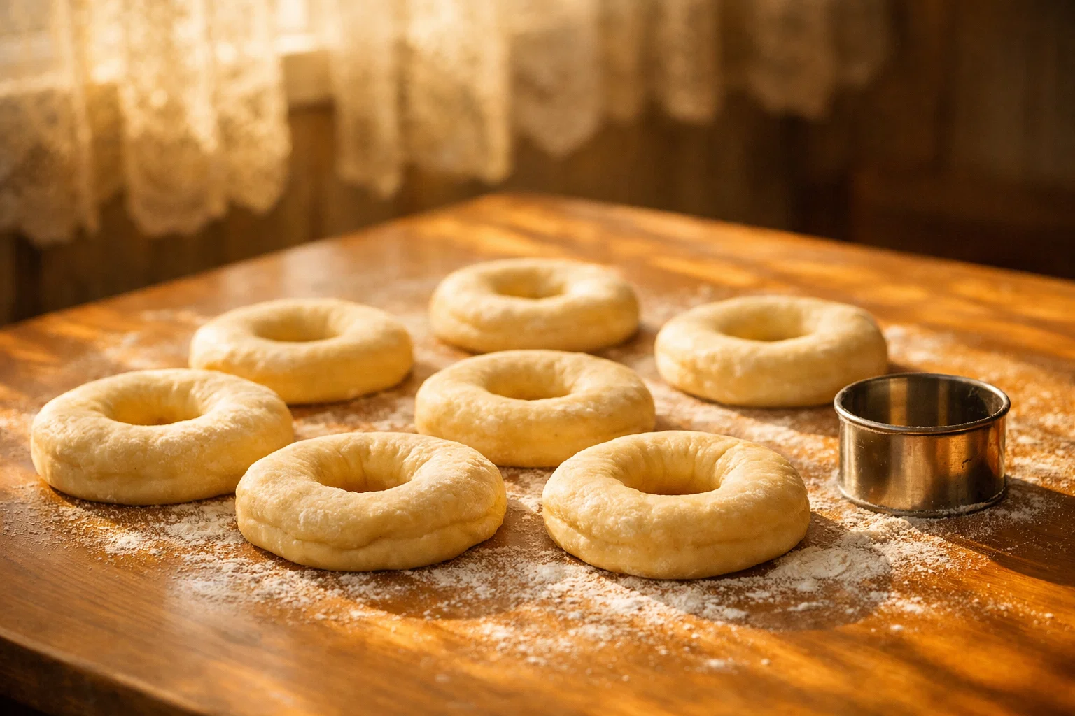 Заготовки пончиков из теста на столе, мягкие и воздушные в тёплом золотом свете