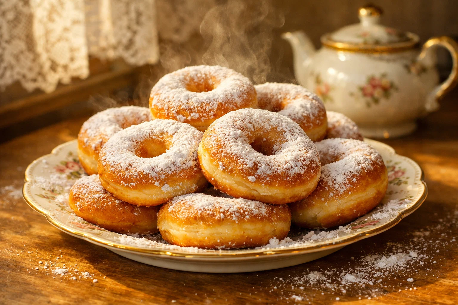 Пончики с сахарной пудрой на тарелке, пышные и золотистые в тёплом свете