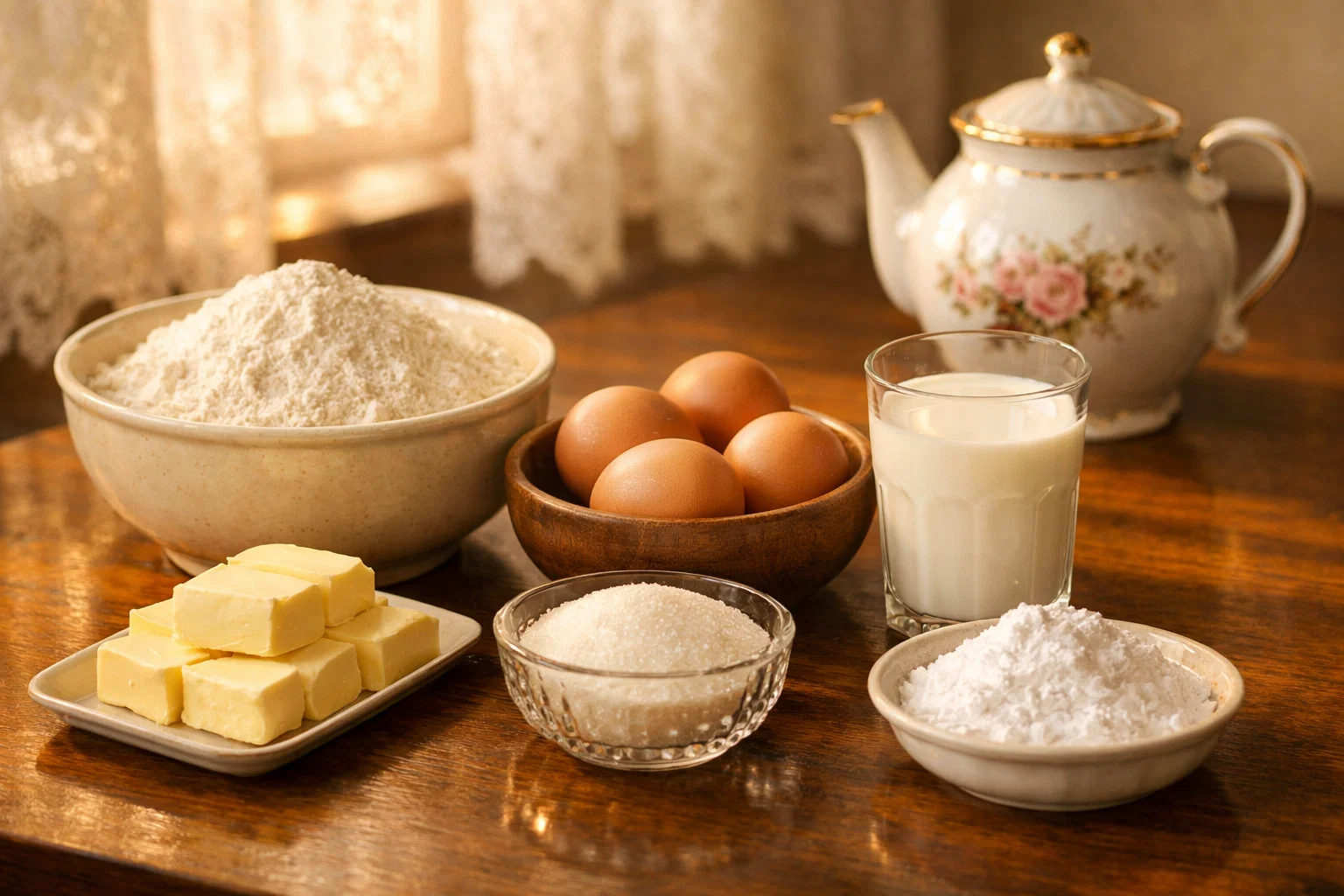 Ингредиенты для пончиков на столе — мука, яйца, молоко и масло в тёплом свете