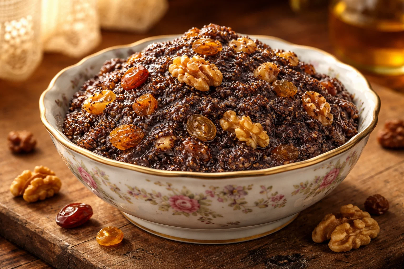 Маковая начинка для булочек с мёдом, изюмом и грецкими орехами