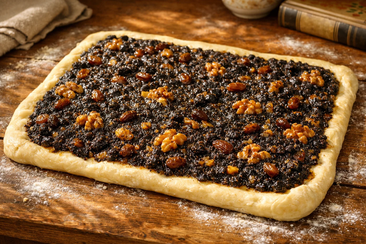 Дрожжевое тесто с маковой начинкой, мёдом, изюмом и орехами для булочек