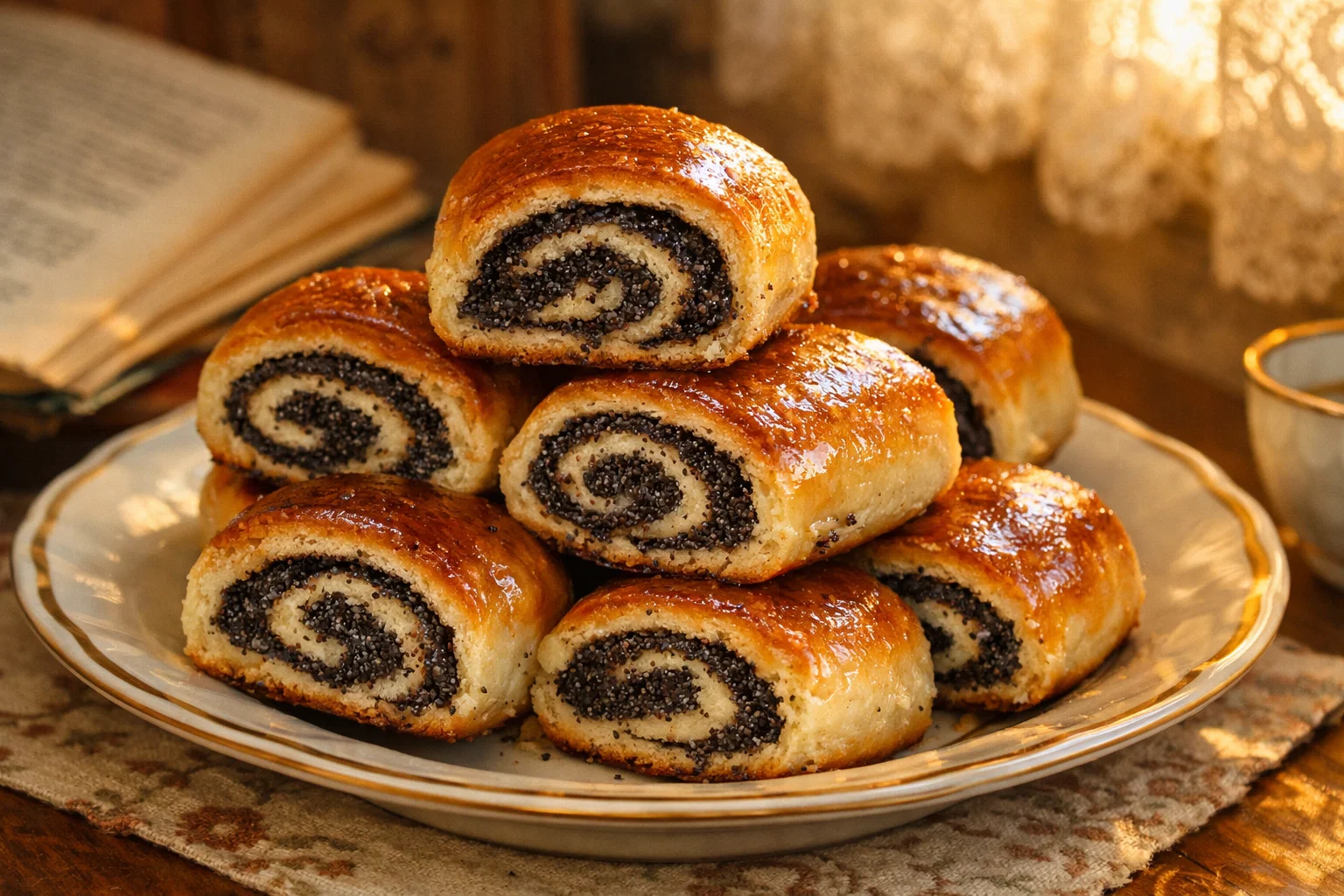 Булочки с маком, нарезанные рулетиками с плотной начинкой, на тарелке