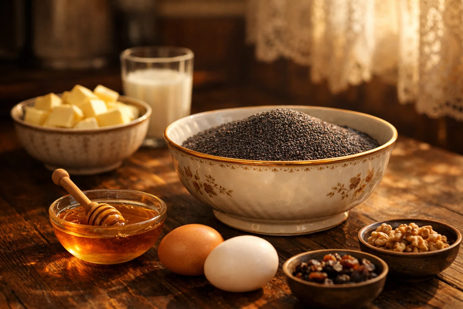 Ингредиенты для булочек с маком в тёплом свете
