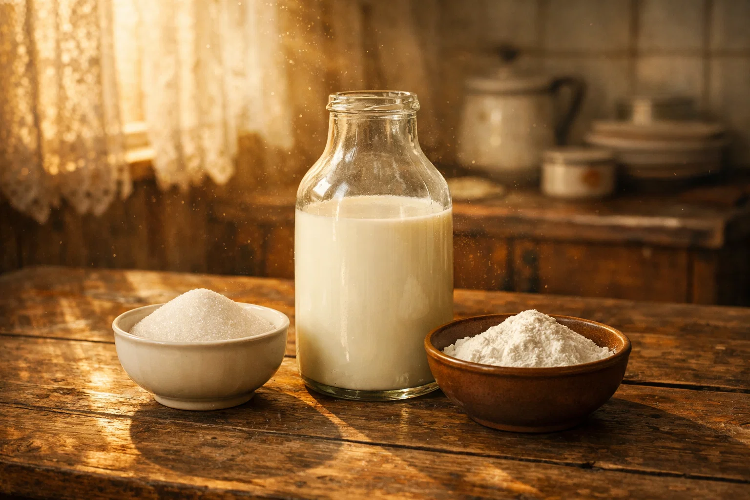 молочный кисель ингредиенты молоко сахар крахмал на деревянном столе