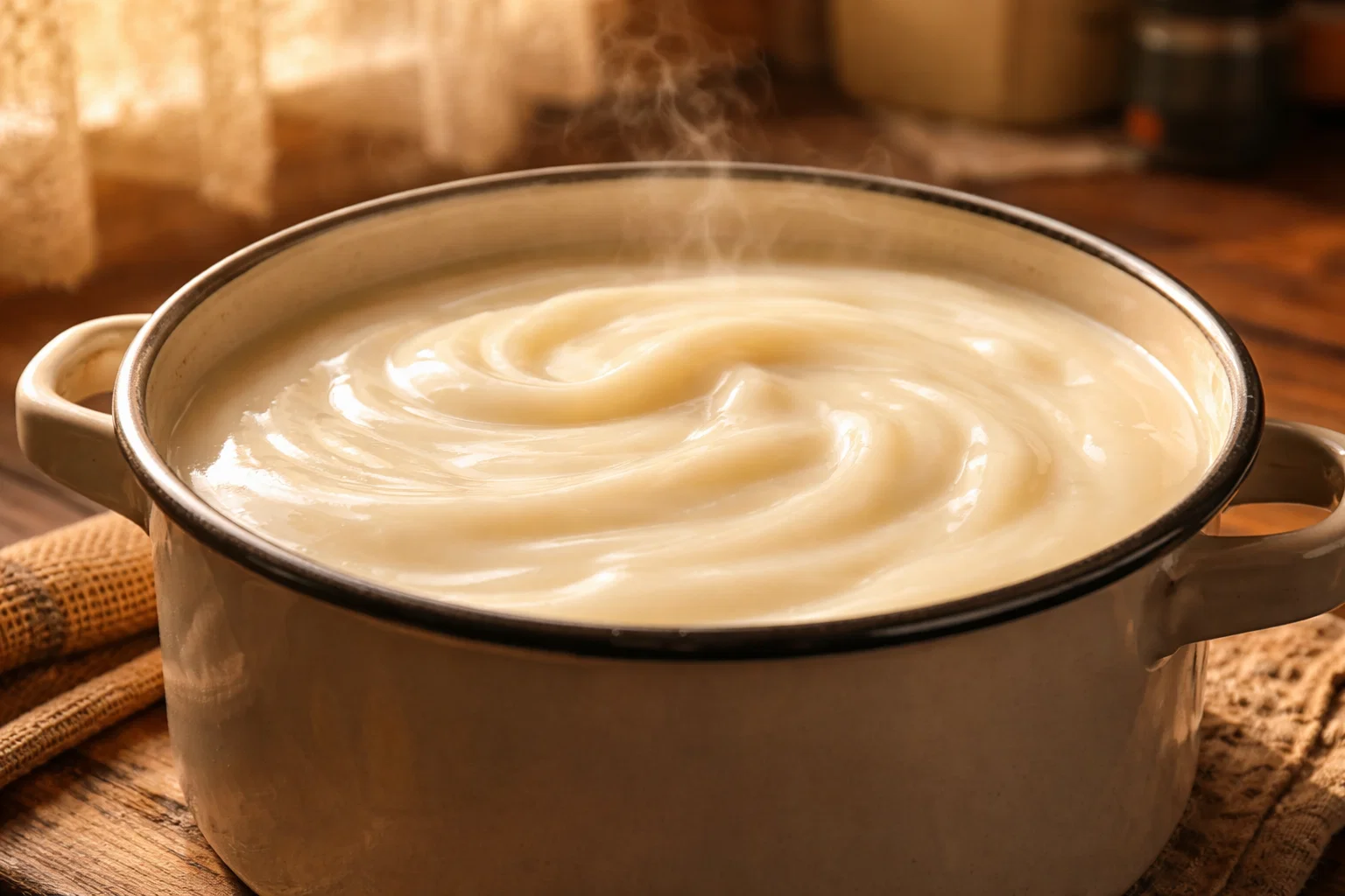 Густой молочный кисель в эмалированной кастрюле, тёплый солнечный свет, советская кухня