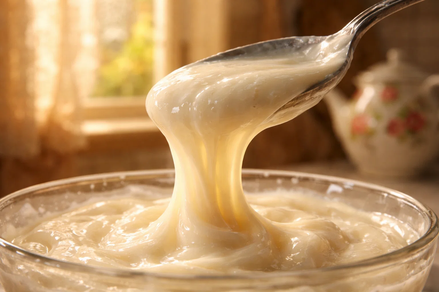 Молочный кисель густой рецепт, кремовая текстура тянется с ложки в стеклянной креманке