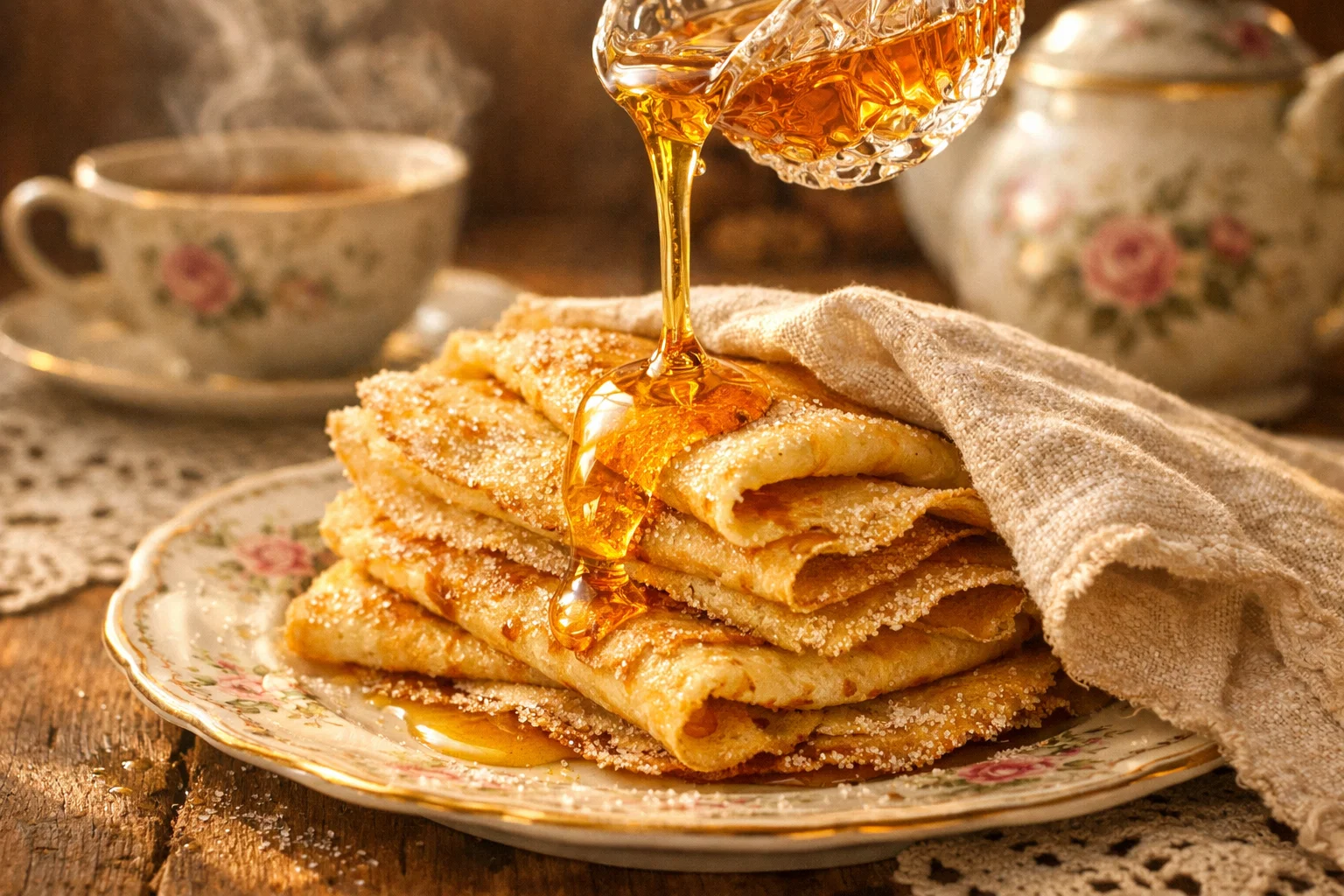 блинчики с сахаром и мёдом на тарелке на столе в уютной кухне