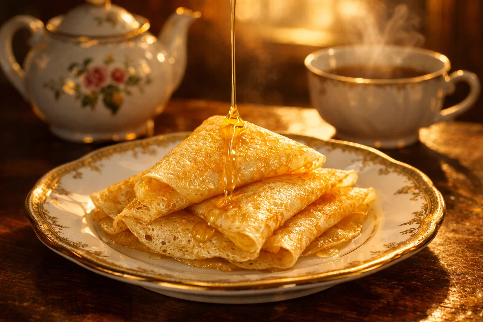 блинчики с медом на тарелке 