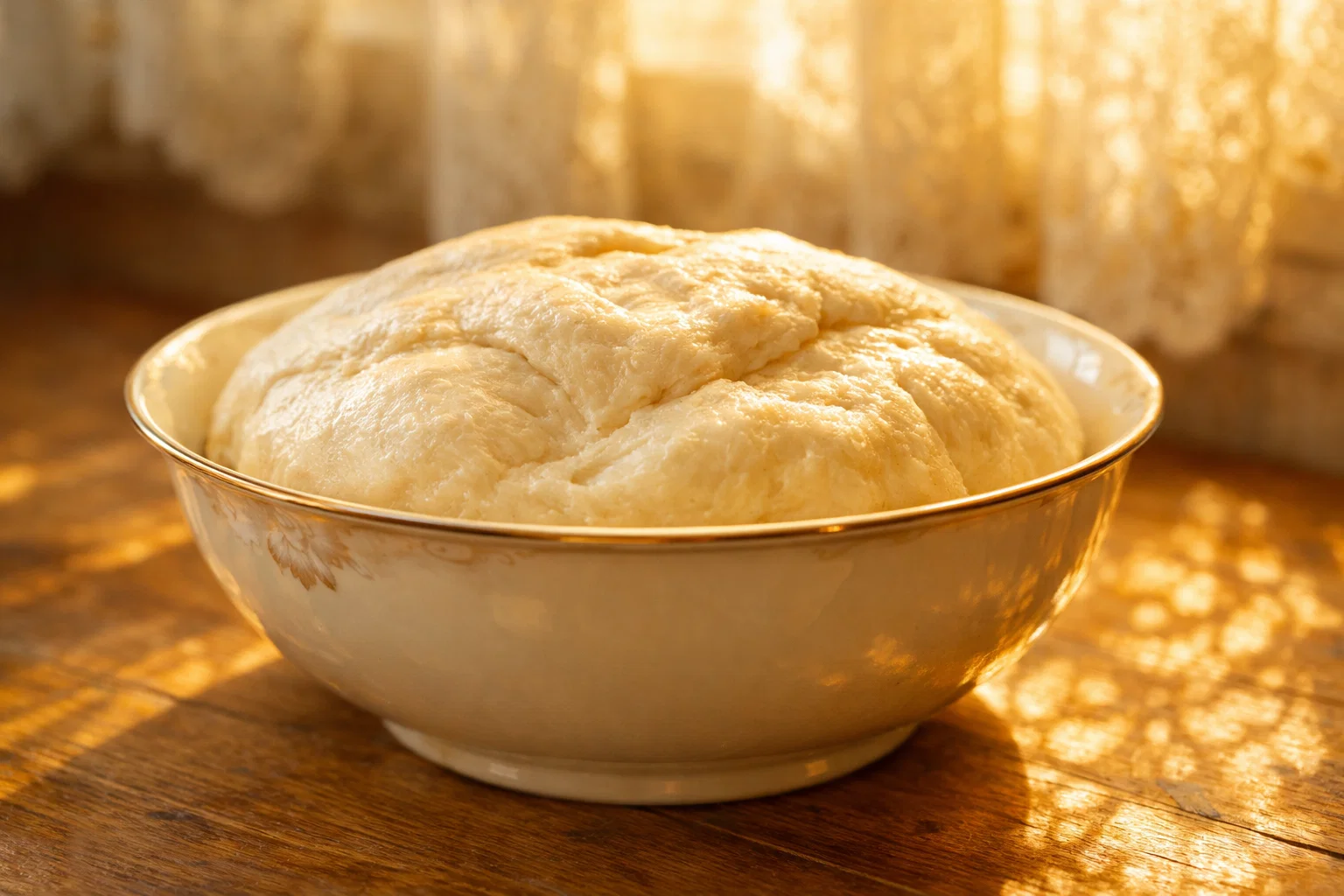 Домашнее тесто в миске при тёплом солнечном свете