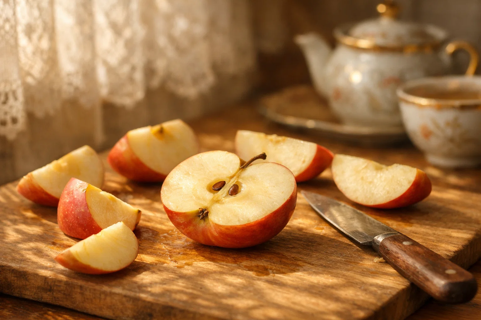 Нарезанные яблоки на доске с ножом, подготовка к яблочному повидлу, домашняя кухня, тёплый солнечный свет