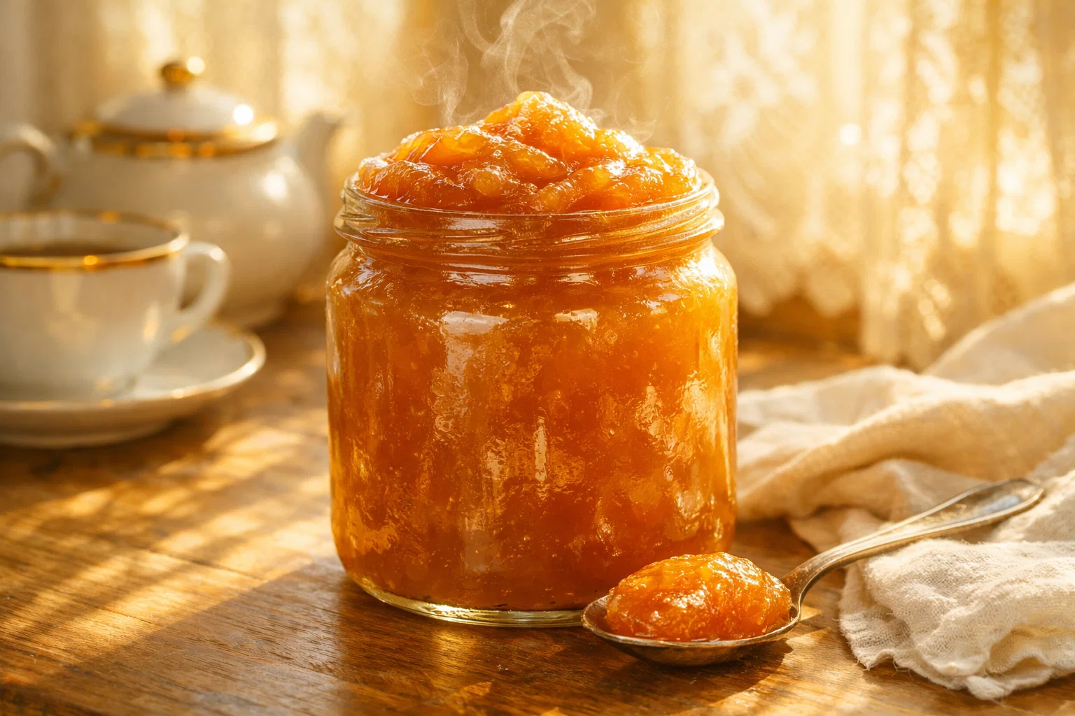 Яблочное повидло в простой стеклянной банке, тёплый золотой свет, ложка и уютная кухня на фоне