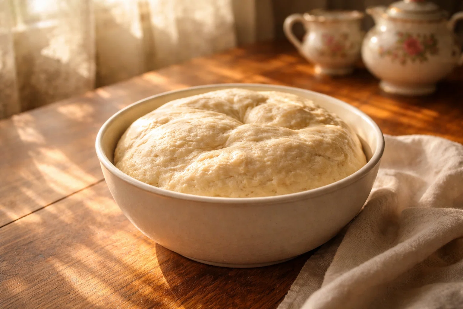 мягкое домашнее тесто в миске на солнечном кухонном столе