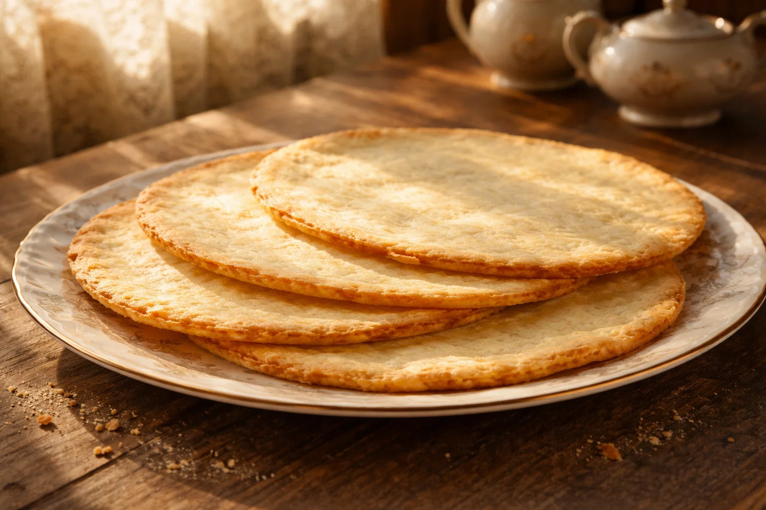 Коржи для сметанника на тарелке при солнечном свете