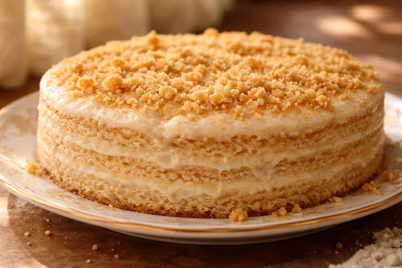 Сметанник классический домашний торт со сметанным кремом и крошкой сверху