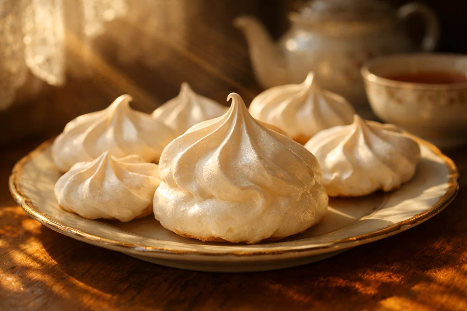 Безе на тарелке в тёплом свете, воздушные домашние пирожные