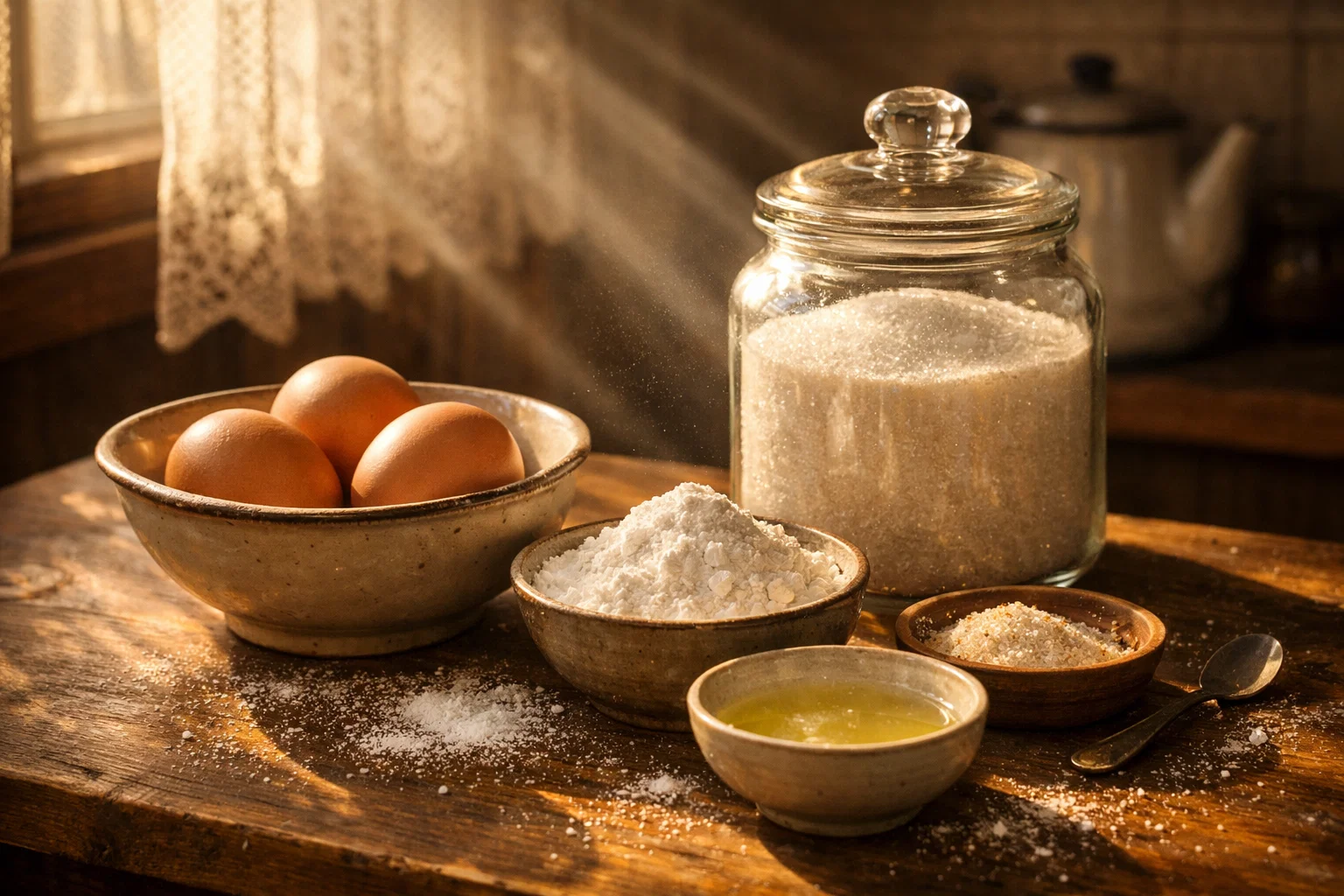 Ингредиенты для безе на столе в тёплом солнечном свете: яйца, сахар, пудра и лимонный сок