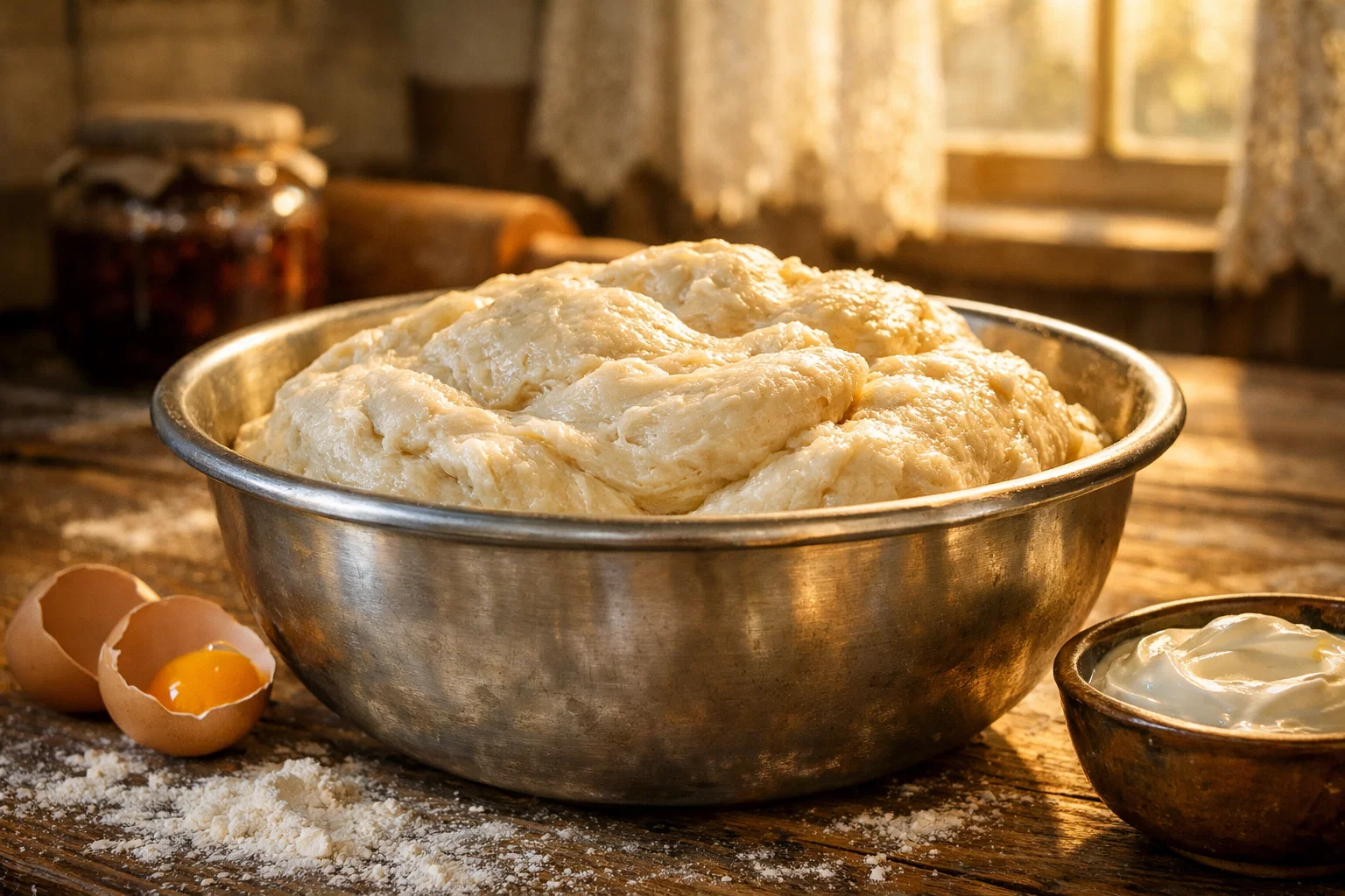 Мягкое сметанное тесто в миске — подготовка рогаликов с повидлом, тёплый свет, советская кухня