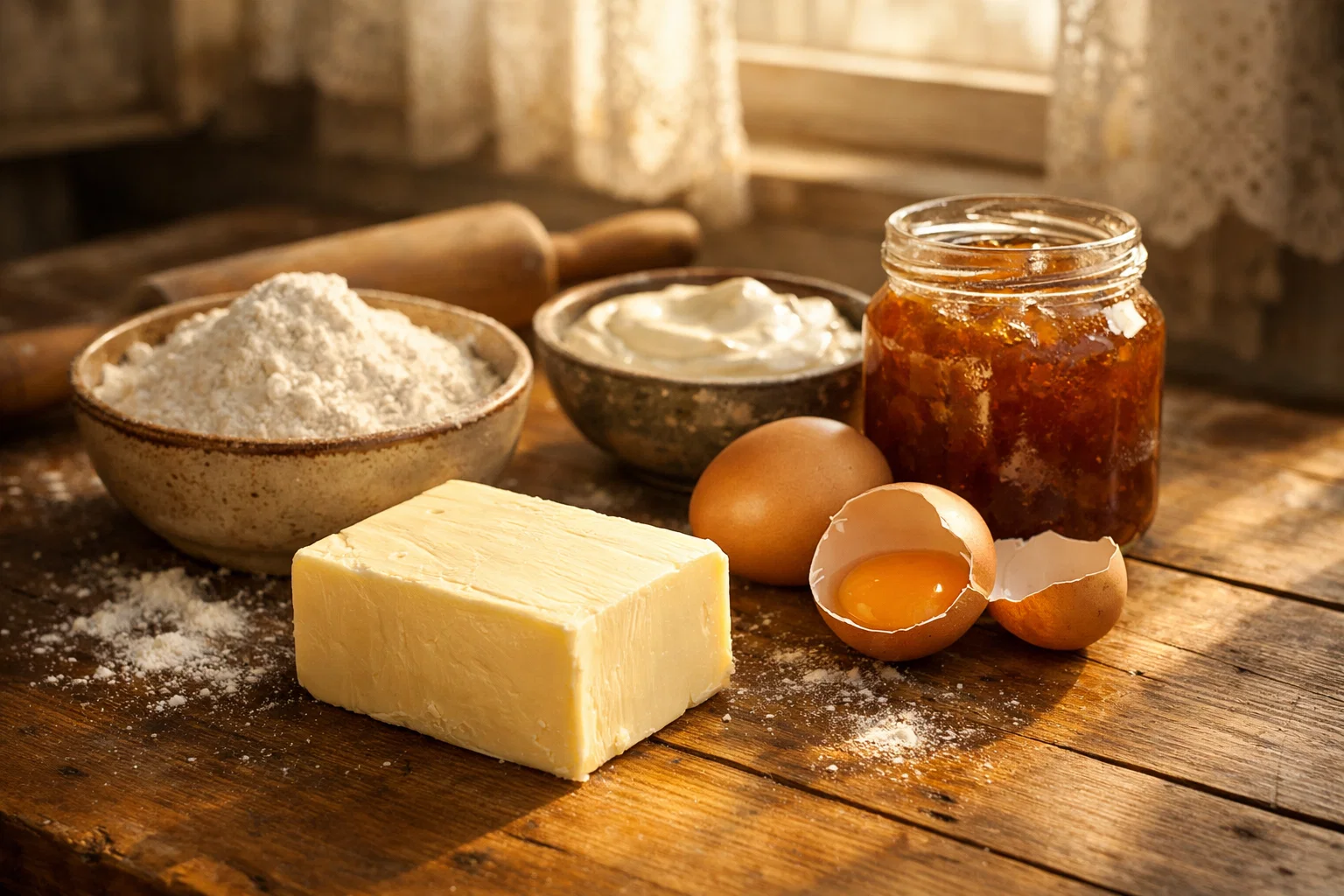 Ингредиенты для рогаликов с повидлом — масло, яйца, мука, сметана, советская кухня