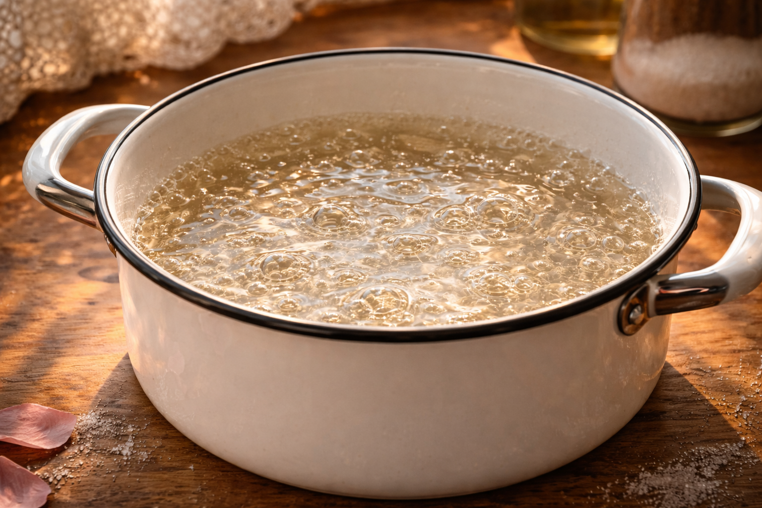 Прозрачный сахарный сироп с мягкими пузырьками варится в чистой эмалированной кастрюле при тёплом солнечном свете, крупный план, домашняя кухня