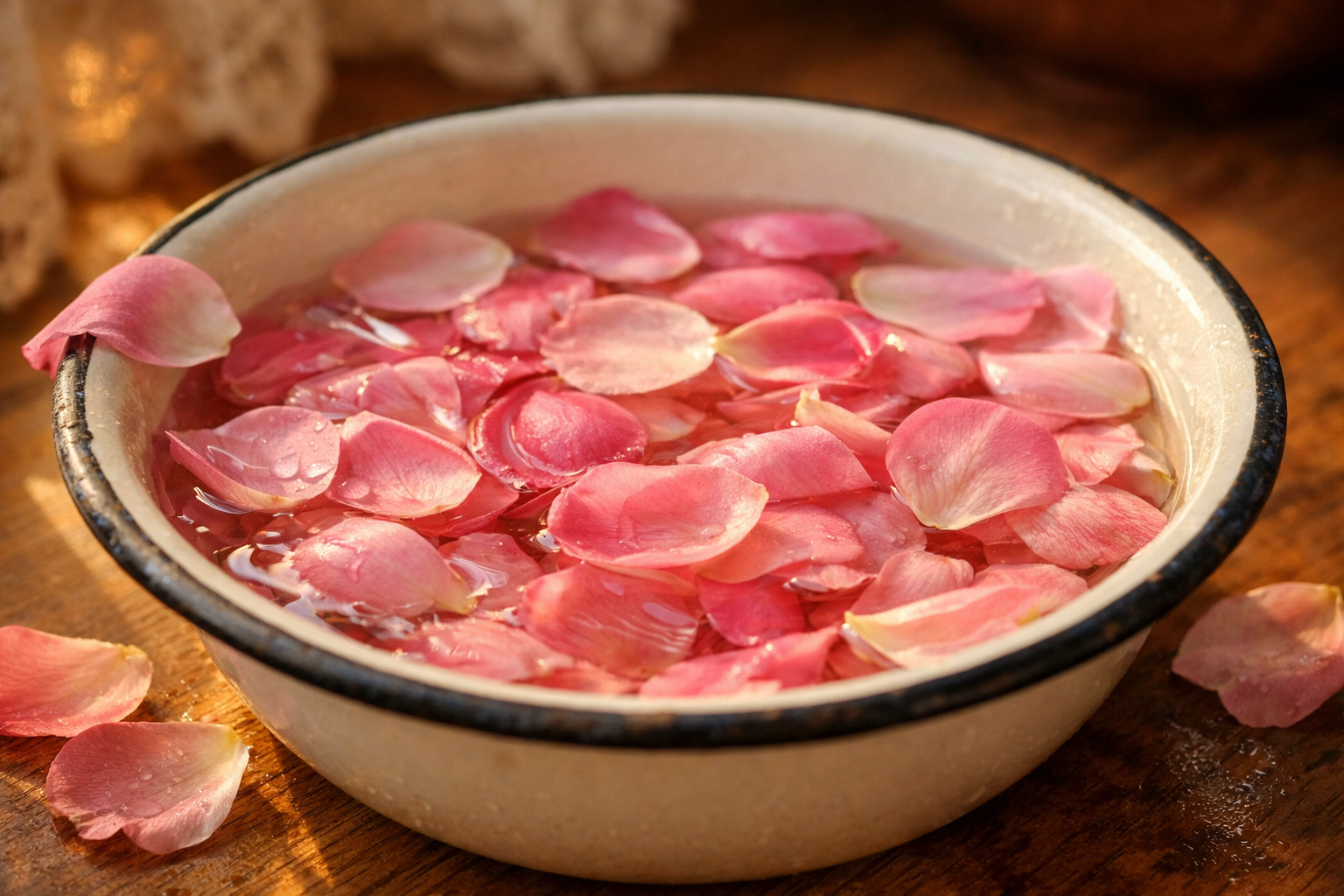 Свежие лепестки роз в воде в миске, подготовка для варенья из лепестков роз, мягкие розовые лепестки в прозрачной воде