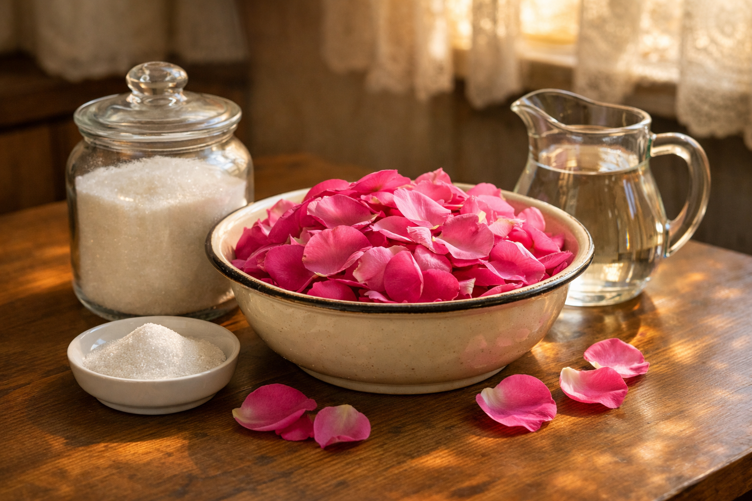 Свежие лепестки роз для варенья в миске, сахар и вода на деревянном столе, тёплый солнечный свет, домашняя уютная кухня