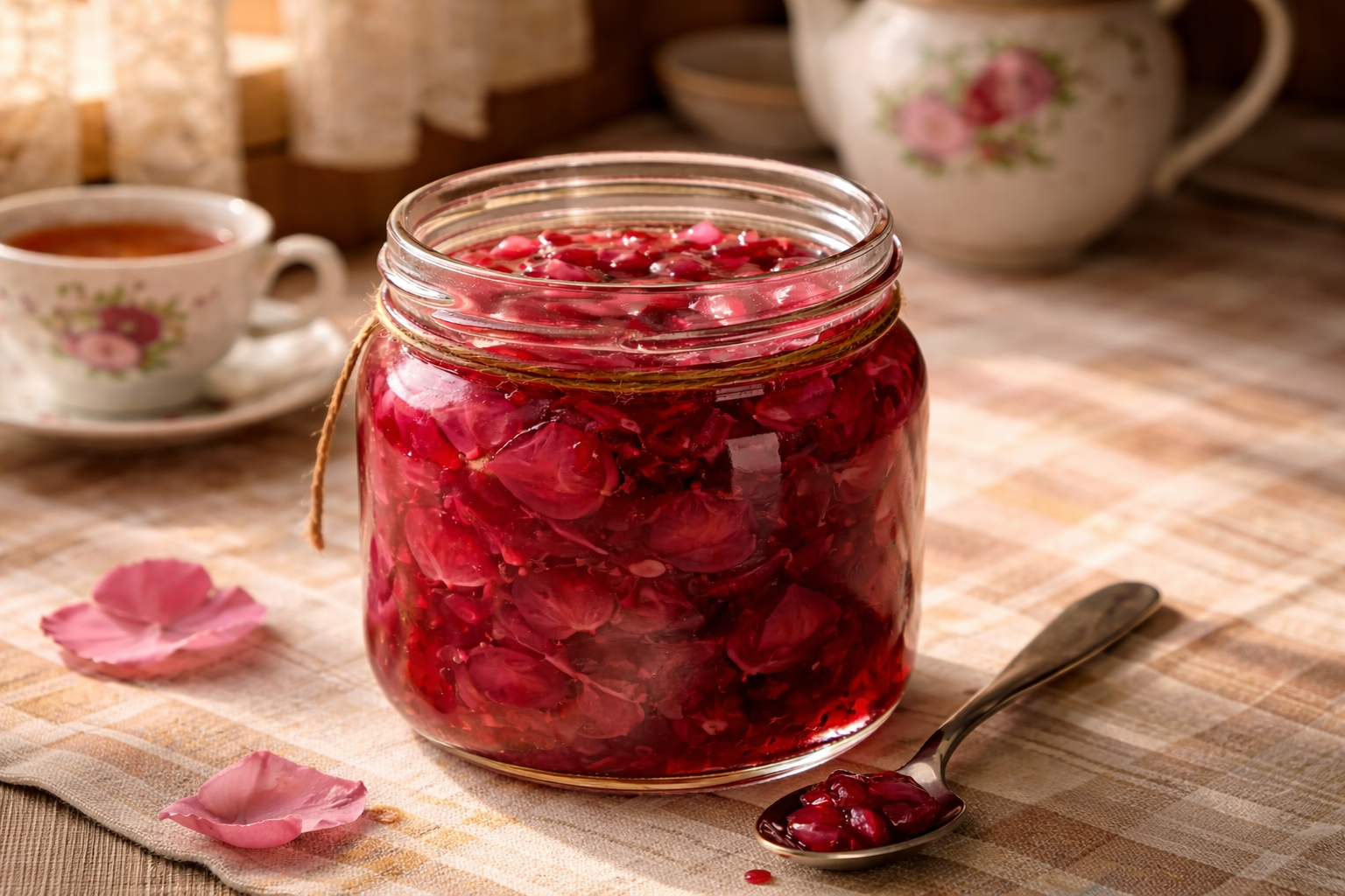 Густое варенье из лепестков роз с прозрачными лепестками в стеклянной банке, рубиновый цвет, крупный план