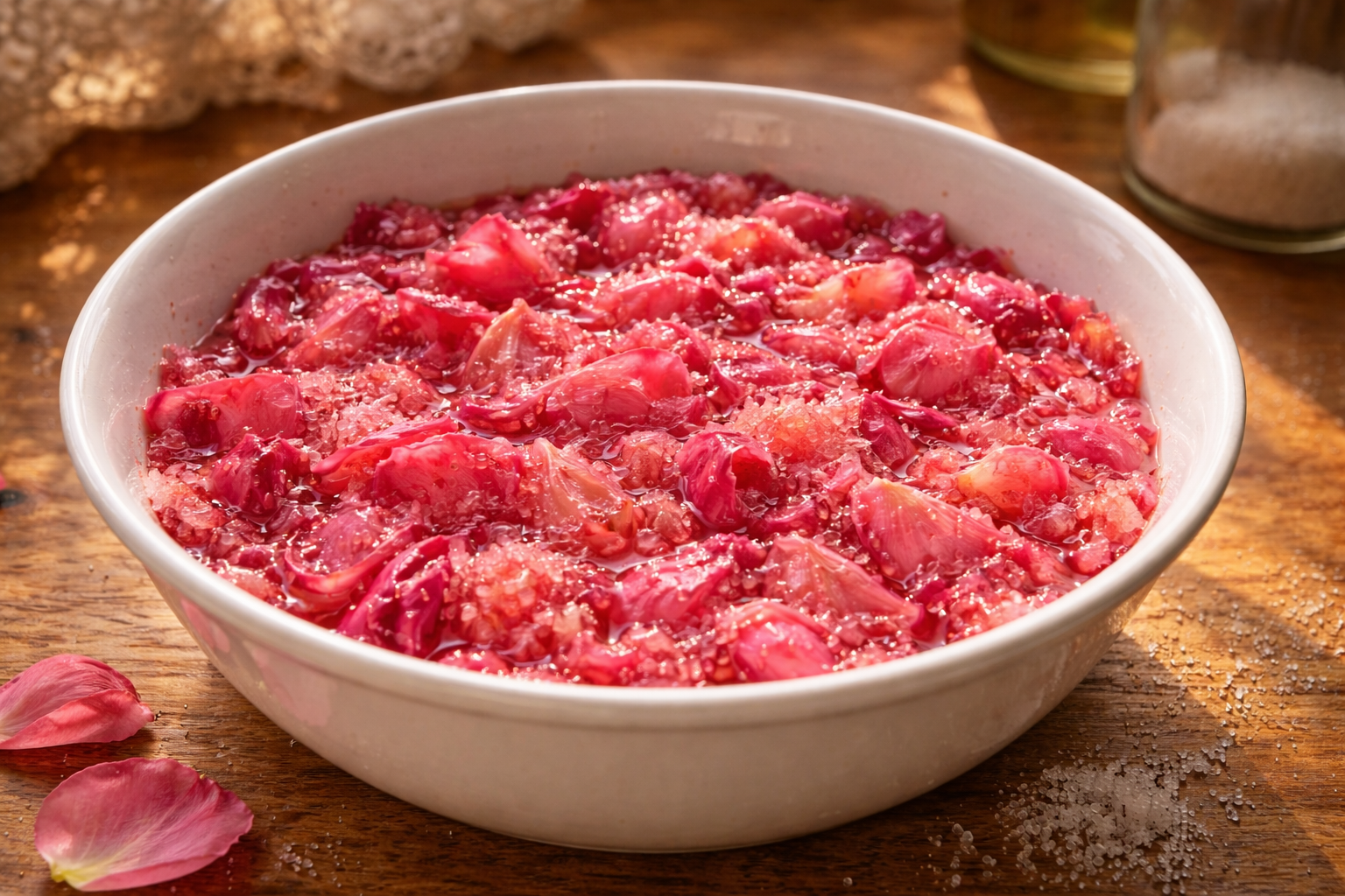 Перетирание лепестков роз с сахаром для варенья — сочная смесь лепестков в миске на кухне