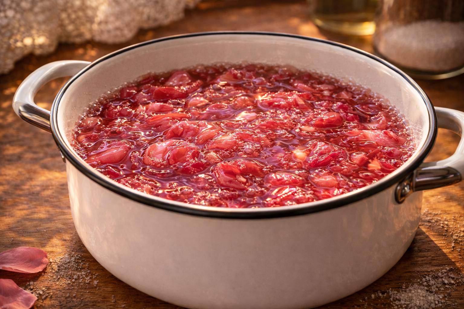 Варенье из лепестков роз в густом сиропе, блестящие мягкие лепестки, крупный план