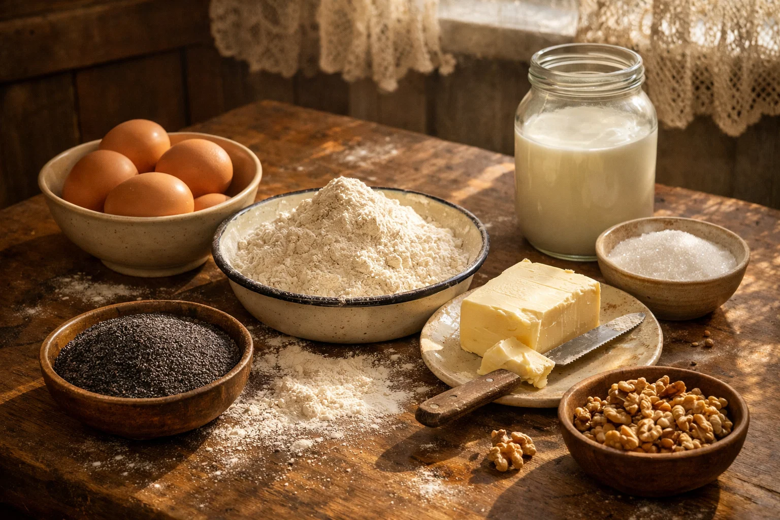 Ингредиенты для рулета с маком: мука, молоко, яйца, сливочное масло, мак и грецкие орехи