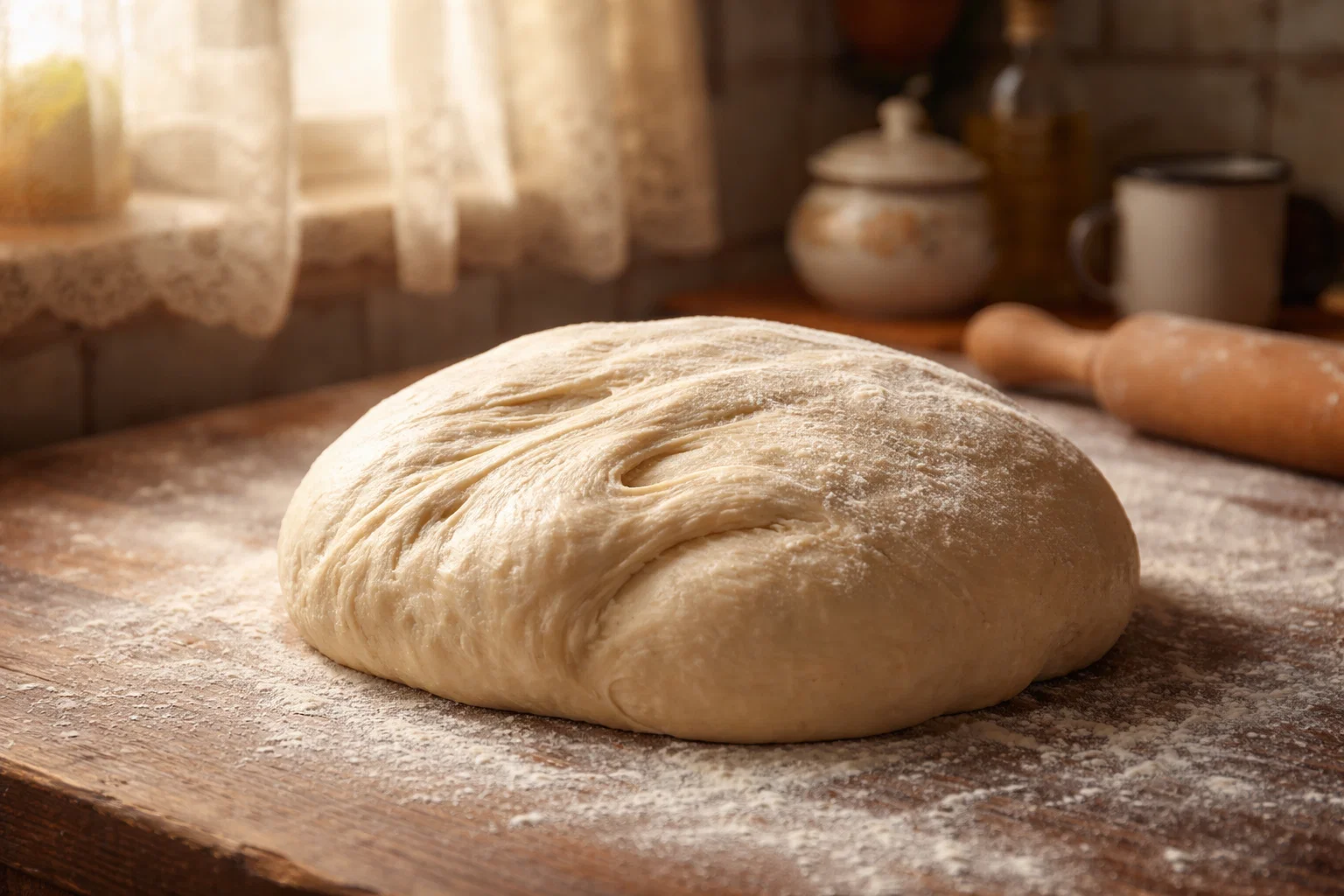 Дрожжевое тесто для рулета с маком на деревянном столе, мягкое и воздушное