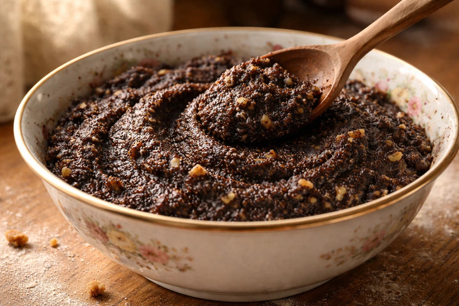 Маковая начинка с орехами в фарфоровой миске — густая, ароматная масса, перемешивается деревянной ложкой на деревянном столе в тёплом свете, домашняя атмосфера