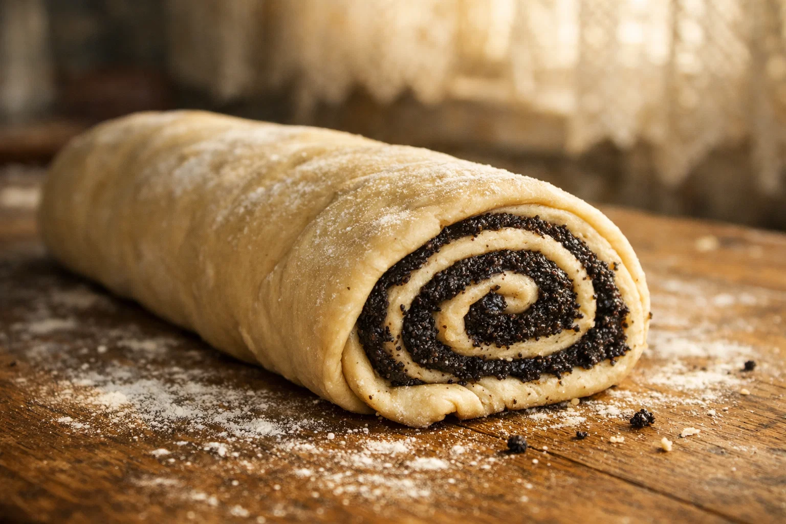 Рулет с маком из дрожжевого теста — сформированный сырой рулет со спиральной начинкой на деревянном столе, посыпанный мукой, в тёплом домашнем свете