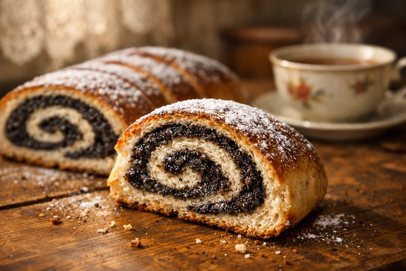 Рулет с маком в духовке — нарезанный на кусочки пышный дрожжевой рулет с густой сочной маковой начинкой, посыпанный сахарной пудрой, на деревянном столе