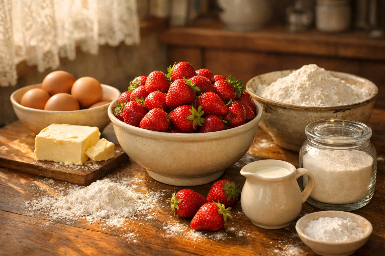Клубничный торт со сливками ингредиенты — яйца, мука, масло, сливки и свежая клубника на деревянном столе в уютной кухне