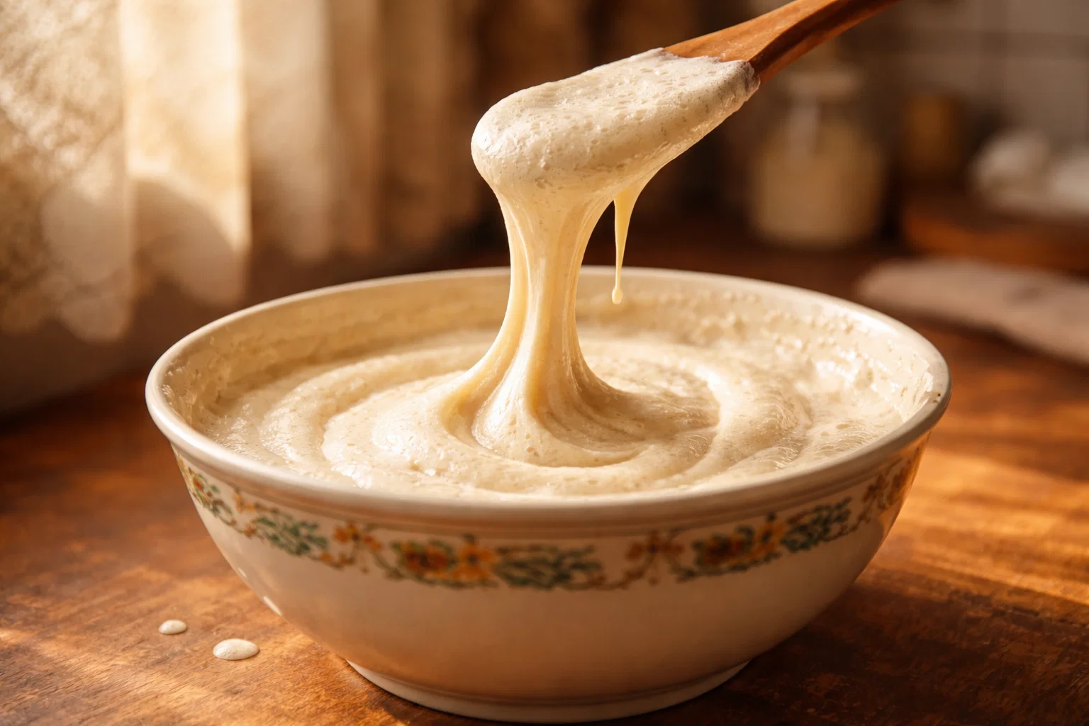 Заварной бисквит — воздушное тесто с лентой в миске при тёплом освещении