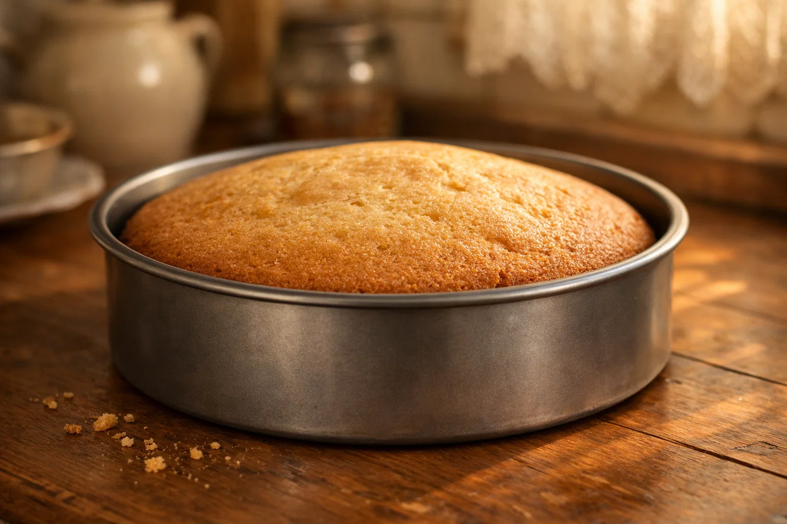 Бисквит для торта — свежий воздушный корж в форме с золотистой корочкой на домашней кухне