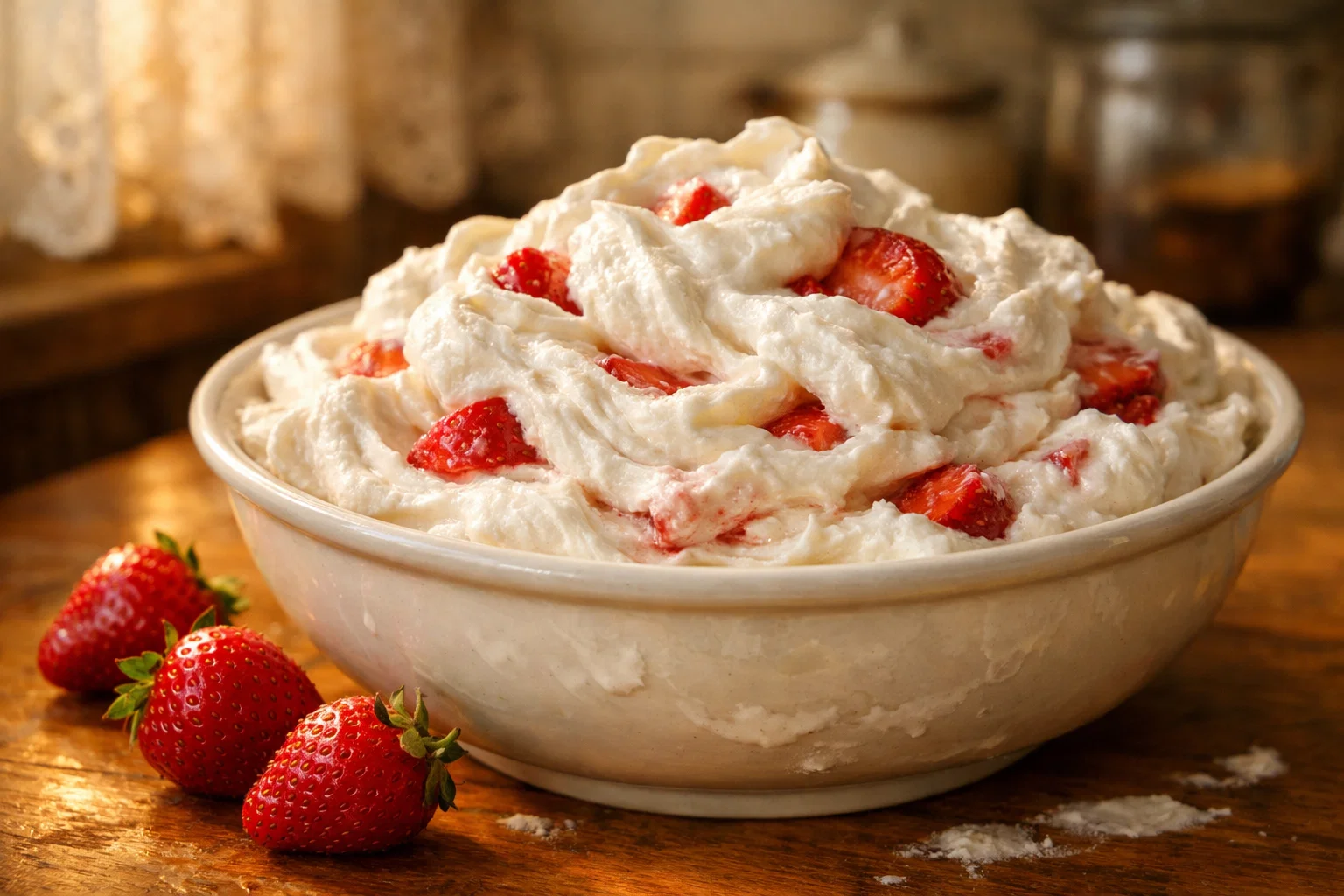 Взбитые сливки с клубникой — воздушный крем с кусочками ягод в миске при тёплом свете