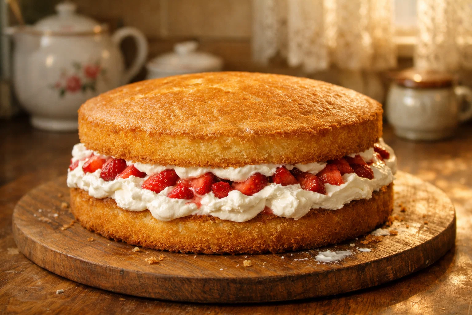 Клубничный торт со сливками в процессе сборки: мягкий бисквит, густой крем и сочная свежая клубника между коржами