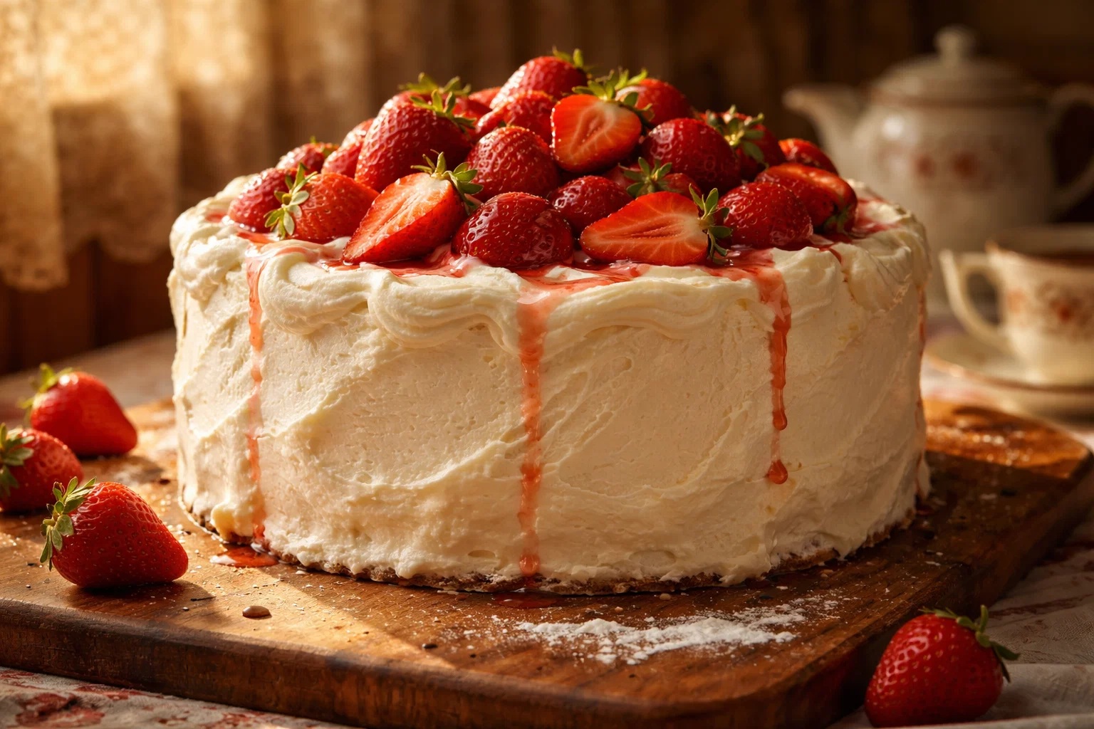 Клубничный торт со сливками целиком, полностью покрытый кремом, с мягким бисквитом и свежей сочной клубникой сверху