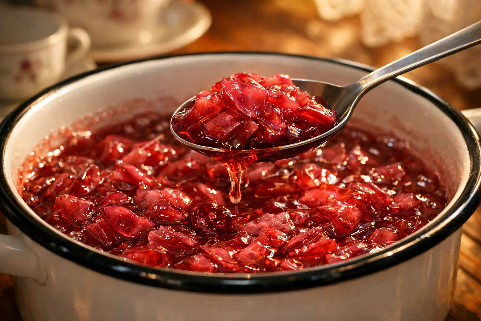 Варенье из лепестков роз крупным планом — густой сироп тянется с ложки, яркий рубиновый цвет и мягкие лепестки
