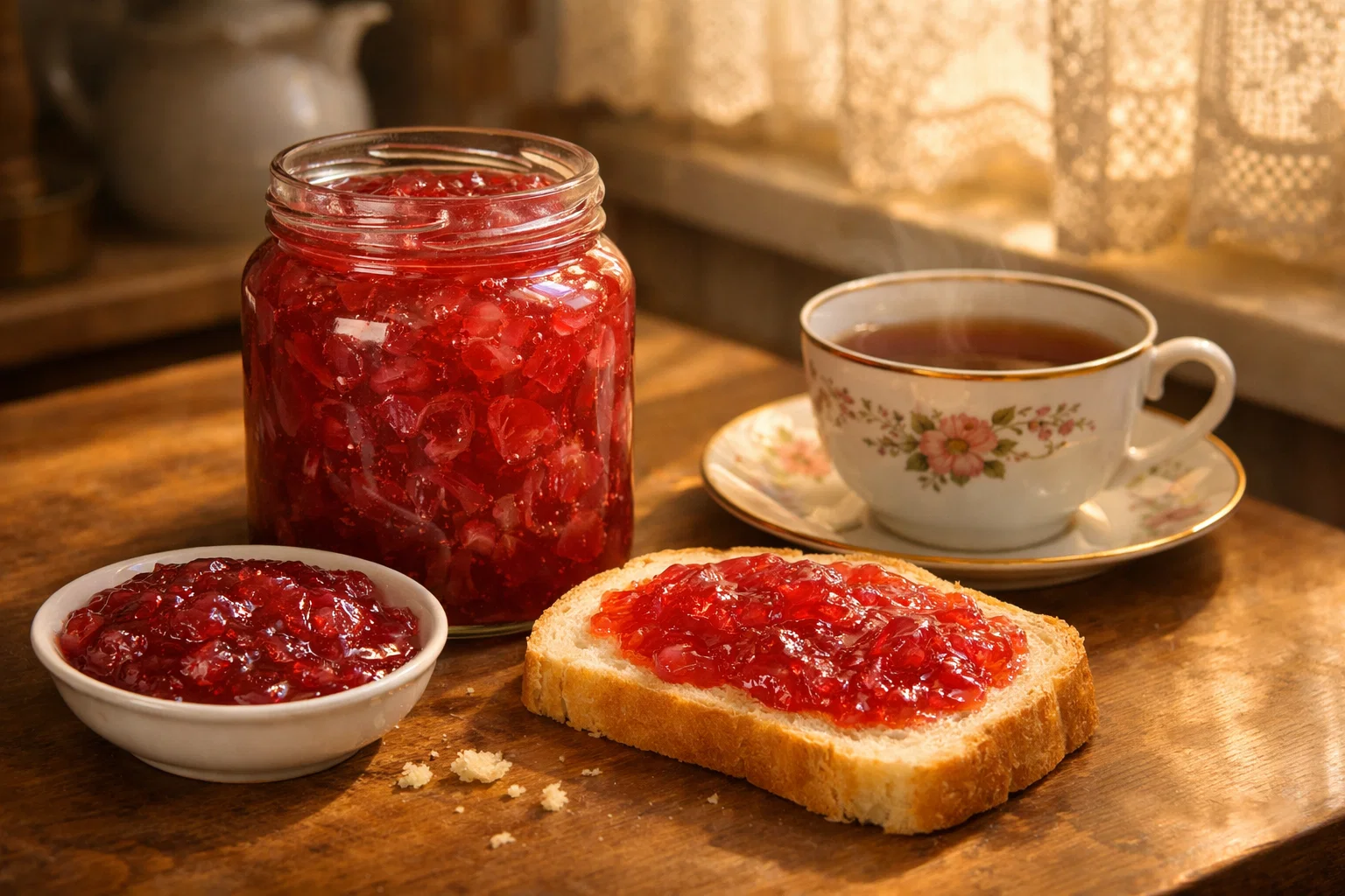 Густое варенье из лепестков роз в банке с хлебом и чаем, домашний рецепт, крупный план