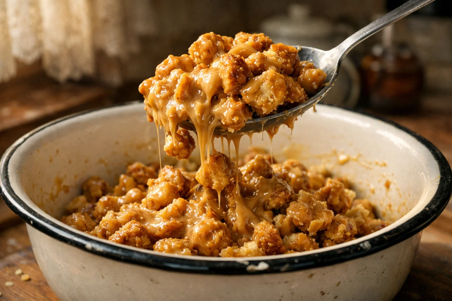 Торт Муравейник процесс приготовления — кусочки теста со сгущёнкой в миске, густой крем тянется с ложки, домашний рецепт Муравейника