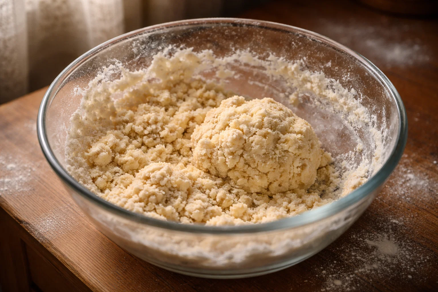 Тесто для торта Муравейник в миске — масляная крошка с мукой и сметаной, мягкое тесто перед охлаждением